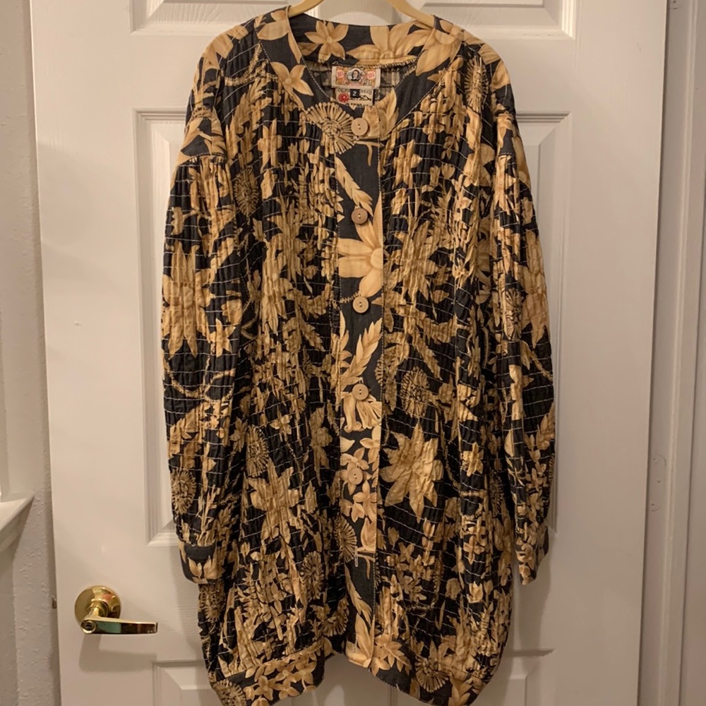 VTG BIS-BIS WOMAN LONG JACKET:SZ 2 BLK/TAN COTTON:GENE EWING SHIRRED/SMOCKED